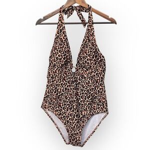 Kona Sol Women's One Piece Swimsuit Leopard Print Halter Neck Size L Lined